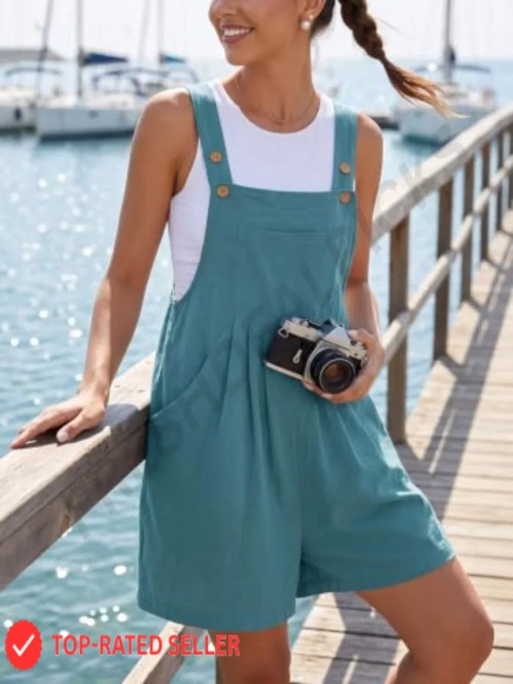 Loose Fit Overalls Shorts for Women, Adjustable Button Straps, Sleeveless